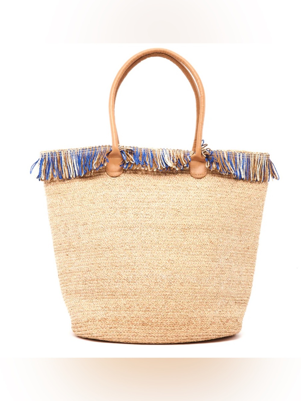 Bahia Astrid Raffia Braided Boucle Beach tote Bag Straw Fringe Natural/Blue